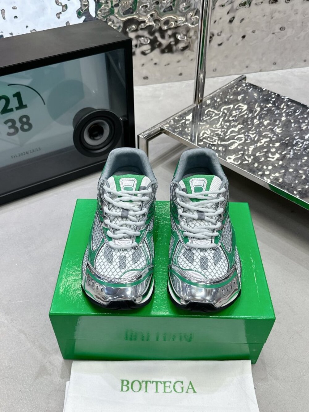 Bottega Veneta Green Silver Mesh Orbit Low Top Chunky Sneakers